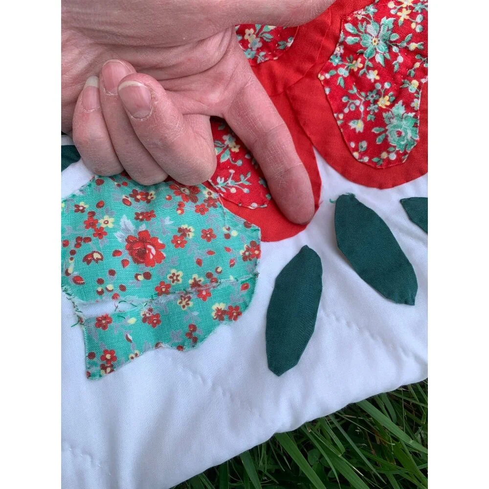 Vintage Lancaster Country Rose Applique` Hand Sewn Quilt 90X70